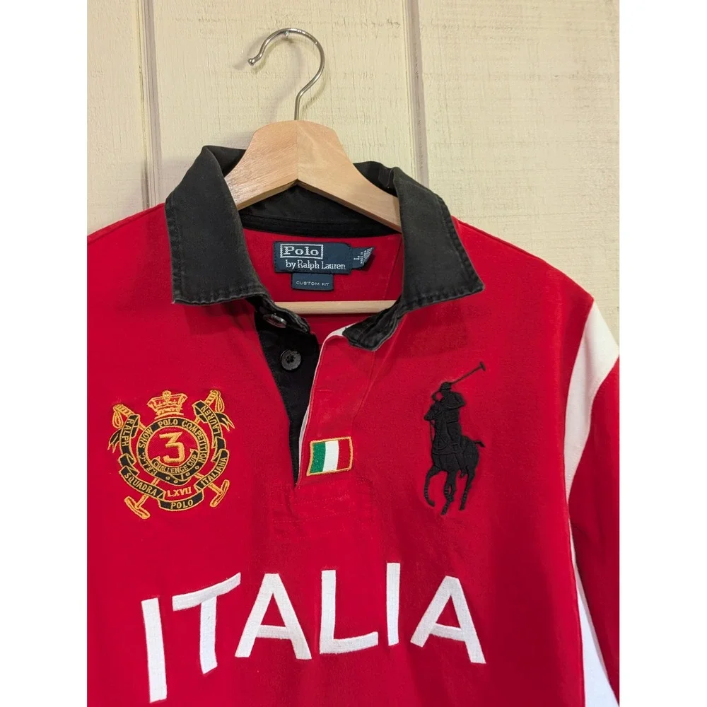 Polo Ralph Lauren Italia Rugby Shirt Red Big Pony Long Sleeve Custom Fit Large